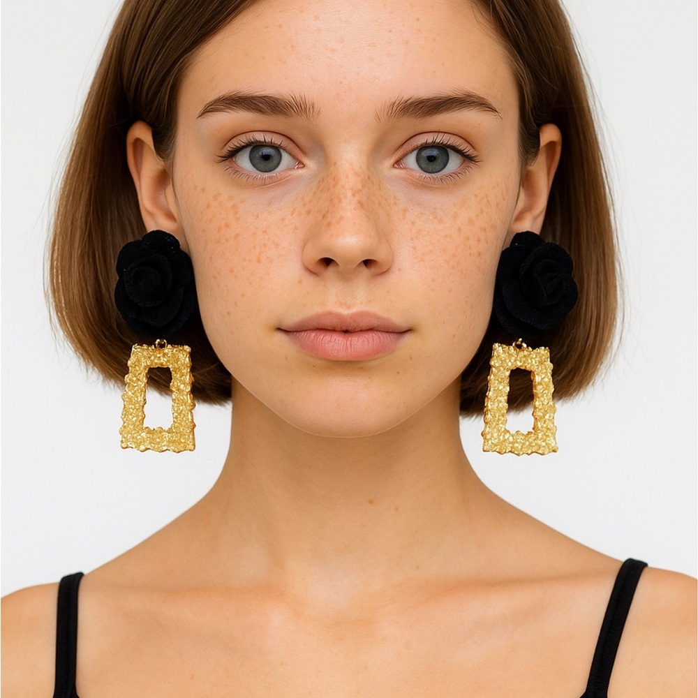Black Floral and Gold Textured Earrings